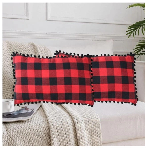 Dropship Pack Of_2 Cotton Checkered Cushion Cover With Pom Pom (Red &amp; Black, Size: 12x20 In)