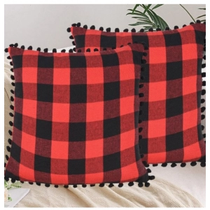 Generic Pack Of_2 Cotton Checkered Cushion Cover With Pom Pom (Red & Black, Size: 18x18 In)
