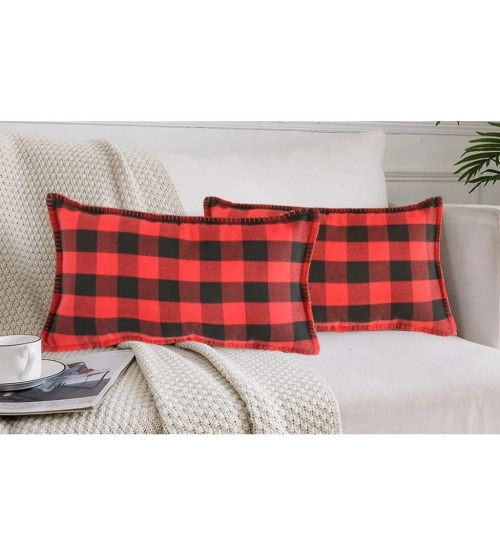 Pack Of_2 Cotton Checkered Cushion Cover With Blanket Stitch (Red & Black, Size: 12x20 In)
