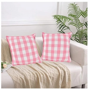 Generic Pack Of_2 Cotton Checkered Cushion Cover With Blanket Stitch (Baby Pink, Size: 16x16 In)