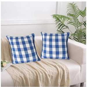 Generic Pack Of_2 Cotton Checkered Cushion Cover With Blanket Stitch (Blue, Size: 18x18 In)