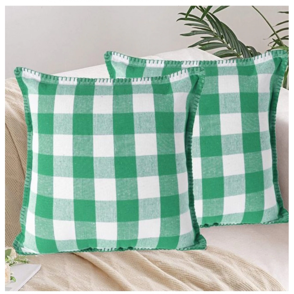 Generic Pack Of_2 Cotton Checkered Cushion Cover With Blanket Stitch (Green, Size: 18x18 In)