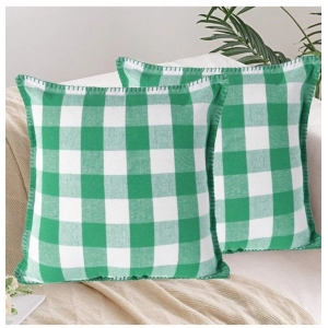 Generic Pack Of_2 Cotton Checkered Cushion Cover With Blanket Stitch (Green, Size: 18x18 In)