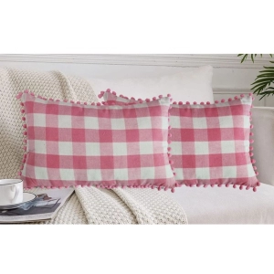 Generic Pack Of_2 Cotton Checkered Cushion Cover With Pom Pom (Baby Pink, Size: 12x20 In)