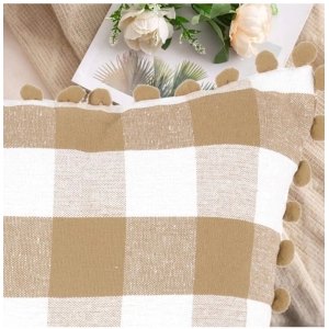 Generic Pack Of_2 Cotton Checkered Cushion Cover With Pom Pom (Beige, Size: 20x20 In)
