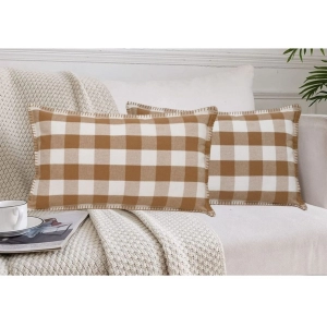 Generic Pack Of_2 Cotton Checkered Cushion Cover With Blanket Stitch (Beige, Size: 12x20 In)
