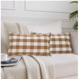 Generic Pack Of_2 Cotton Checkered Cushion Cover With Blanket Stitch (Beige, Size: 12x20 In)