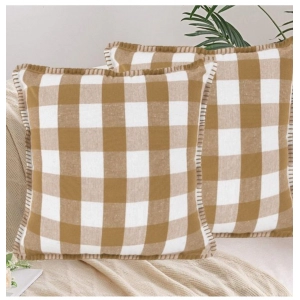 Generic Pack Of_2 Cotton Checkered Cushion Cover With Blanket Stitch (Beige, Size: 24x24 In)