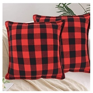Generic Pack Of_2 Cotton Checkered Cushion Cover With Blanket Stitch (Red & Black, Size: 24x24 In)