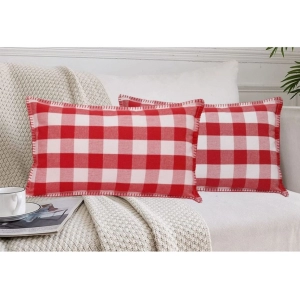 Generic Pack Of_2 Cotton Checkered Cushion Cover With Blanket Stitch (Red & White, Size: 12x20 In)