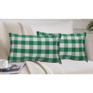 Generic Pack Of_2 Cotton Checkered Cushion Cover With Blanket Stitch (Green, Size: 12x20 In)