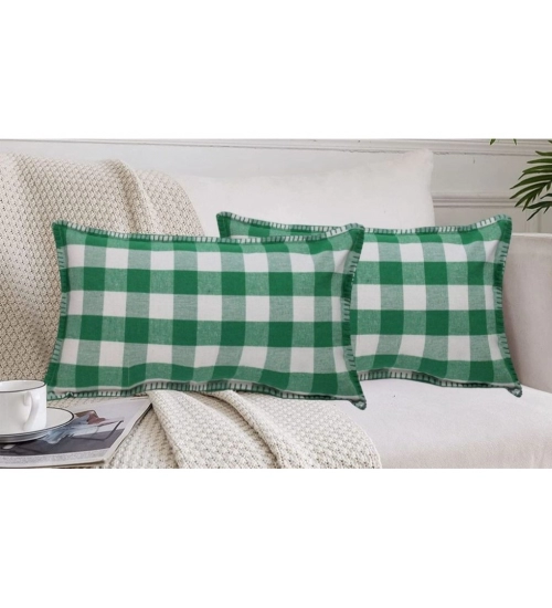 Pack Of_2 Cotton Checkered Cushion Cover With Blanket Stitch (Green, Size: 12x20 In)