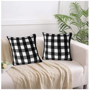 Generic Pack Of_2 Cotton Checkered Cushion Cover With Blanket Stitch (Black & White, Size: 18x18 In)