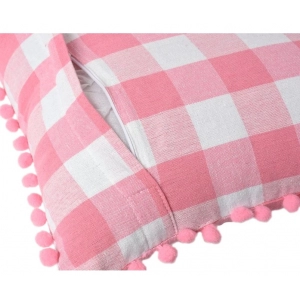 Generic Pack Of_2 Cotton Checkered Cushion Cover With Pom Pom (Baby Pink, Size: 12x20 In)