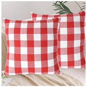 Generic Pack Of_4 Cotton Checkered Cushion Cover With Pom Pom (Red, Size: 20x20 In)