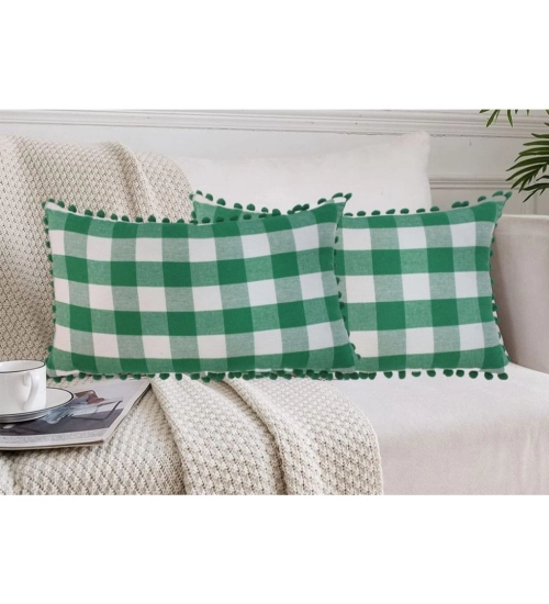Pack Of_2 Cotton Checkered Cushion Cover With Pom Pom (Green, Size: 12x20 In)