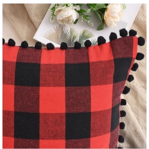 Generic Pack Of_2 Cotton Checkered Cushion Cover With Pom Pom (Red & Black, Size: 18x18 In)
