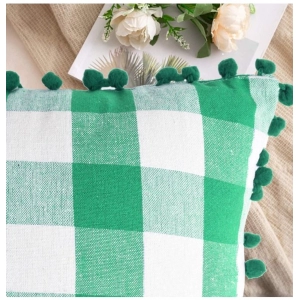 Generic Pack Of_2 Cotton Checkered Cushion Cover With Pom Pom (Green, Size: 18x18 In)