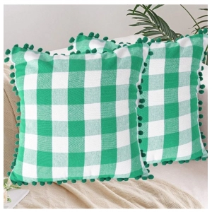 Generic Pack Of_2 Cotton Checkered Cushion Cover With Pom Pom (Green, Size: 18x18 In)