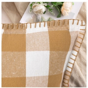 Generic Pack Of_2 Cotton Checkered Cushion Cover With Blanket Stitch (Beige, Size: 24x24 In)