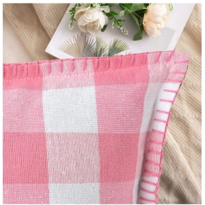 Generic Pack Of_2 Cotton Checkered Cushion Cover With Blanket Stitch (Baby Pink, Size: 12x20 In)
