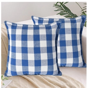 Generic Pack Of_2 Cotton Checkered Cushion Cover With Blanket Stitch (Blue, Size: 18x18 In)