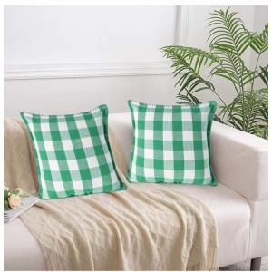 Generic Pack Of_2 Cotton Checkered Cushion Cover With Blanket Stitch (Green, Size: 18x18 In)