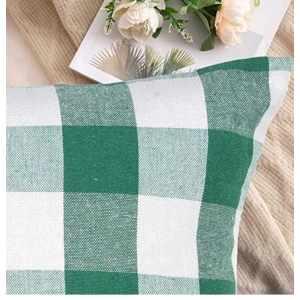 Generic Pack Of_4 Cotton Checkered Cushion Cover With Pom Pom (Green, Size: 16x16 In)