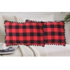 Dropship Pack Of_2 Cotton Checkered Cushion Cover With Pom Pom (Red &amp; Black, Size: 12x20 In)