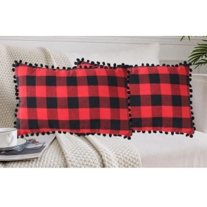 Generic Pack Of_2 Cotton Checkered Cushion Cover With Pom Pom (Red & Black, Size: 12x20 In)