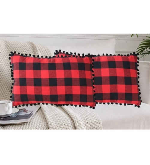 Pack Of_2 Cotton Checkered Cushion Cover With Pom Pom (Red & Black, Size: 12x20 In)