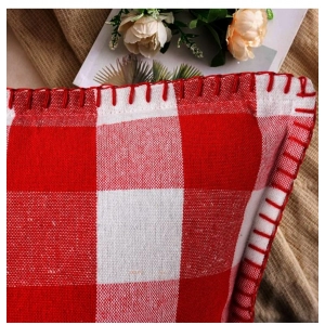 Generic Pack Of_2 Cotton Checkered Cushion Cover With Blanket Stitch (Red & White, Size: 12x20 In)