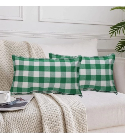 Pack Of_2 Cotton Checkered Cushion Cover With Blanket Stitch (Green, Size: 12x20 In)