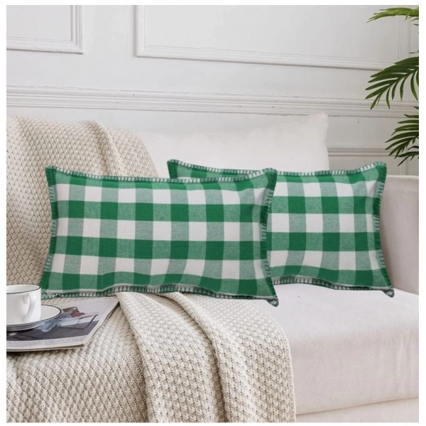 Dropship Pack Of_2 Cotton Checkered Cushion Cover With Blanket Stitch (Green, Size: 12x20 In)