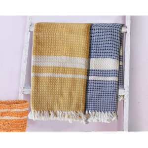 Generic Pack Of_2 Cotton Checked  Bath Towels (Blue & Yellow, Size: 28x59 In)