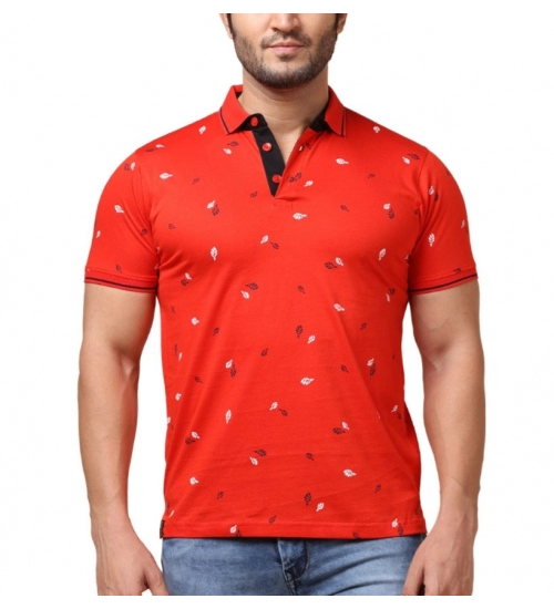 Men's Casual Cotton Printed Polo Neck Half Sleeve T-Shirt (Red)