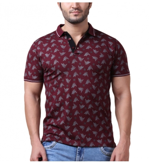 Men's Casual Cotton Printed Polo Neck Half Sleeve T-Shirt (Plum)