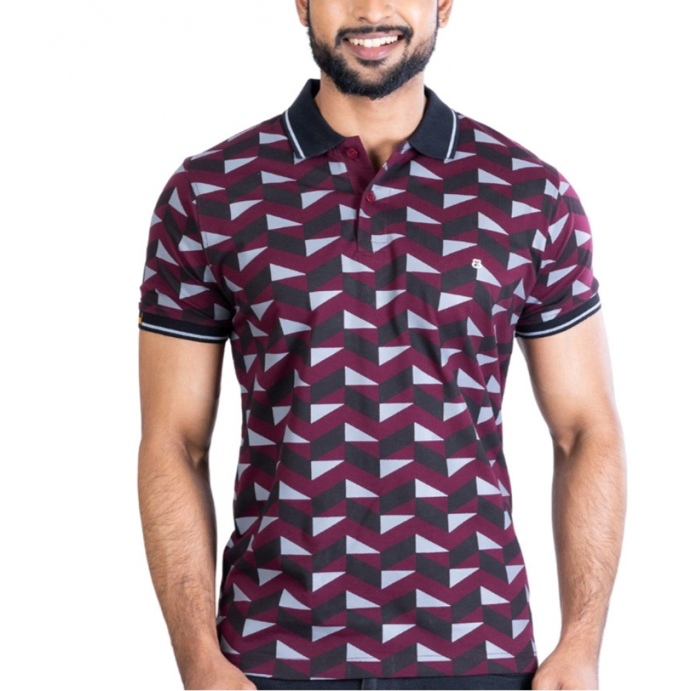Generic Men's Casual Cotton Printed Polo Neck Half Sleeve T-Shirt (Magenta)