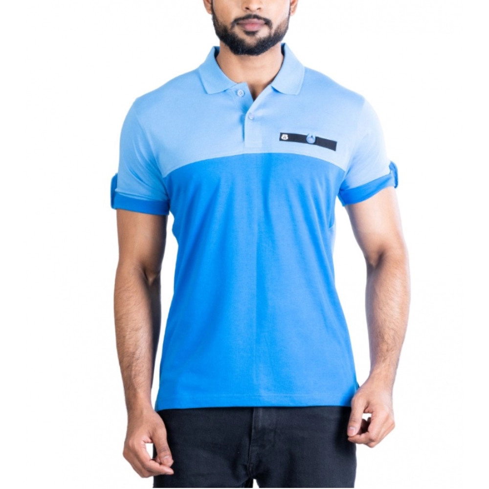 Generic Men's Casual Cotton Printed Polo Neck Half Sleeve T-Shirt (Blue)
