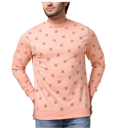 Men's Casual Cotton Printed Round Neck Full Sleeve Sweat T-Shirt (Peach)