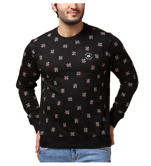 Men's Casual Cotton Printed Round Neck Full Sleeve Sweat T-Shirt (Black)