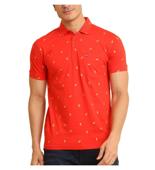 Men's Casual Cotton Printed Polo Neck Half Sleeve T-Shirt (Red)