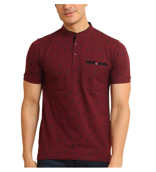 Men's Casual Cotton Printed Mandarin Collar Half Sleeve T-Shirt (Plum)