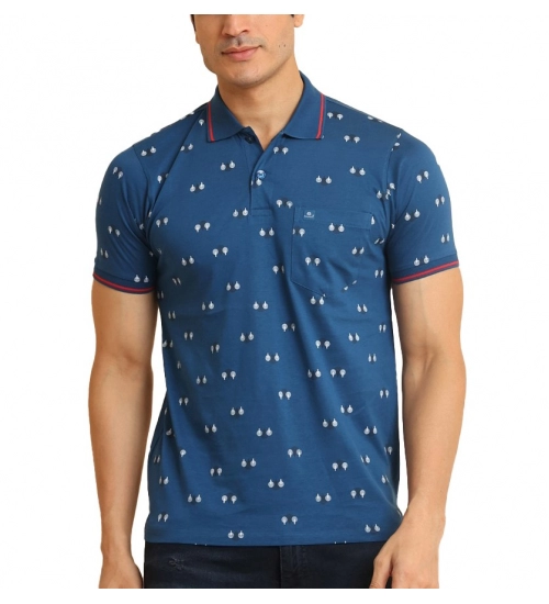 Men's Casual Cotton Printed Polo Neck Half Sleeve T-Shirt (Blue)