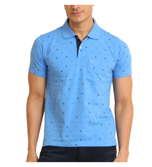 Men's Casual Cotton Printed Polo Neck Half Sleeve T-Shirt (Blue)