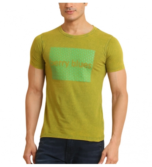 Men's Casual Cotton Printed Round Neck Half Sleeve T-Shirt (Green)