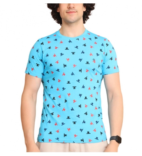 Men's Casual Cotton Printed Round Neck Half Sleeve T-Shirt (Skyblue)