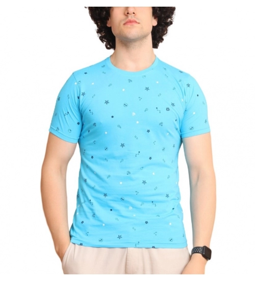 Men's Casual Cotton Printed Round Neck Half Sleeve T-Shirt (Skyblue)