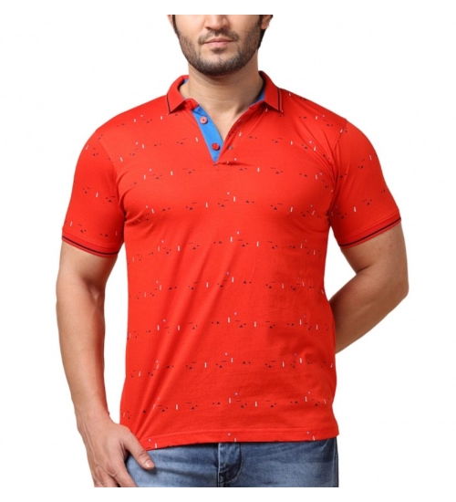 Men's Casual Cotton Printed Polo Neck Half Sleeve T-Shirt (Red)