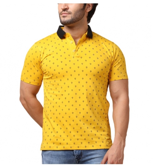 Men's Casual Cotton Printed Polo Neck Half Sleeve T-Shirt (Yellow)